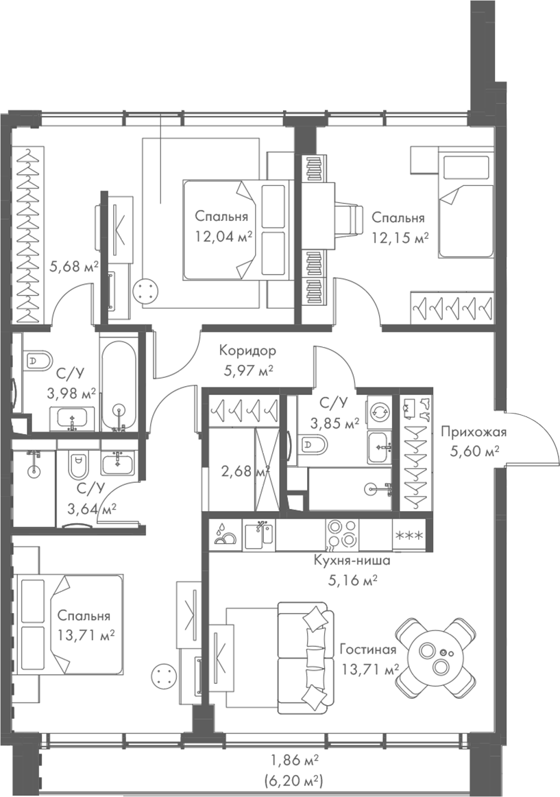 Планировка евро-4 (4Е) 90.03 м² в ЖК «МИРА», корпус 2
