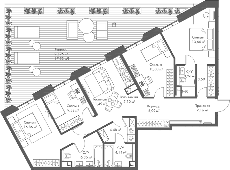 Планировка 5Е-к.кв 125.74 м² в ЖК «МИРА», корпус 2