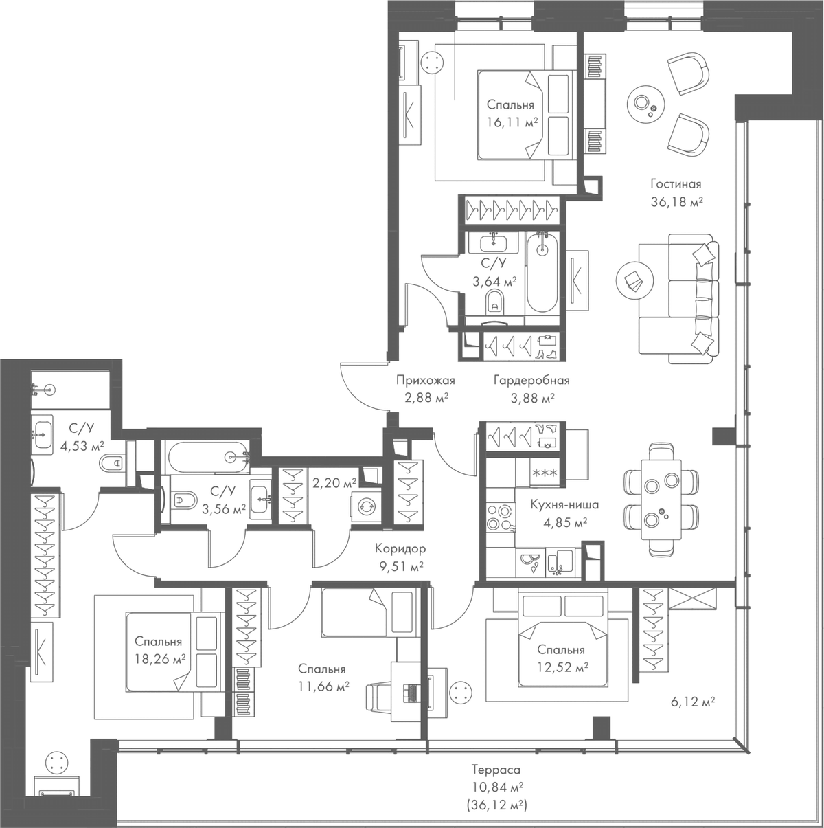 Планировка 5Е-к.кв 146.25 м² в ЖК «МИРА», корпус 2