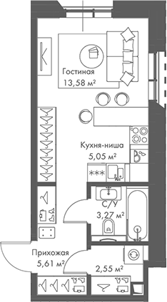 Планировка Студии 30.06 м² в ЖК «МИРА», корпус 2