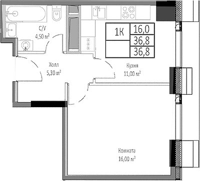 Планировка однокомнатная 36.8 м² в ЖК «Мираполис», корпус 3