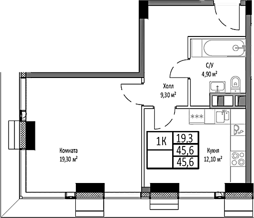 Планировка однокомнатная 45.6 м² в ЖК «Мираполис», корпус 4
