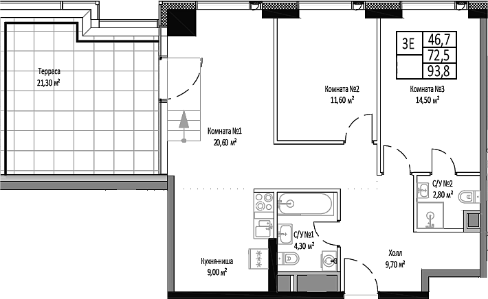 Планировка евротрёшка (3Е) 93.8 м² в ЖК «Мираполис», корпус 2