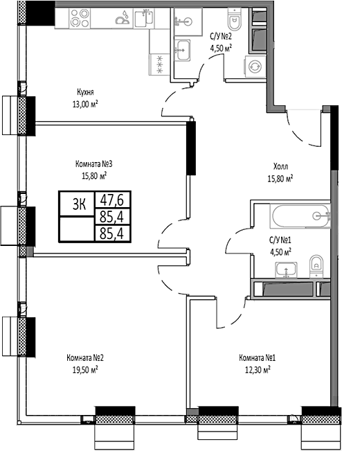 Планировка трёхкомнатная 85.4 м² в ЖК «Мираполис», корпус 4