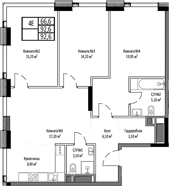 Планировка евро-4 (4Е) 92.6 м² в ЖК «Мираполис», корпус 4