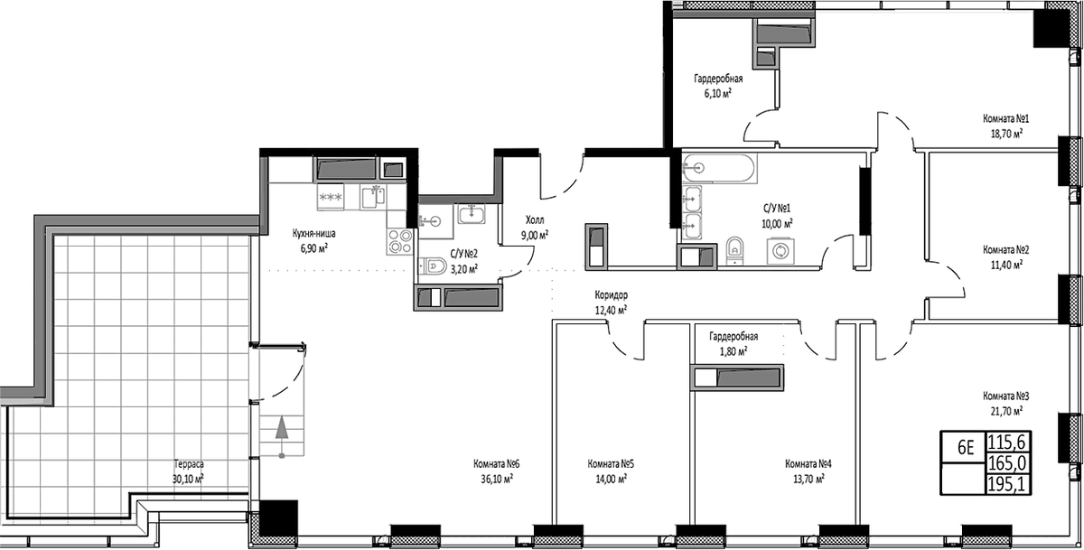 Планировка пятикомнатная 195.1 м² в ЖК «Мираполис», корпус 4
