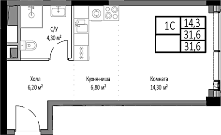 Планировка Студии 31.6 м² в ЖК «Мираполис», корпус 4