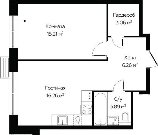 Планировка евродвушка (2Е) 44.68 м² в ЖК «Октябрьская 98», корпус 1