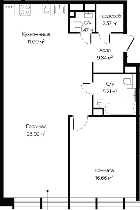 Планировка евродвушка (2Е) 73.8 м² в ЖК «Октябрьская 98», корпус 1