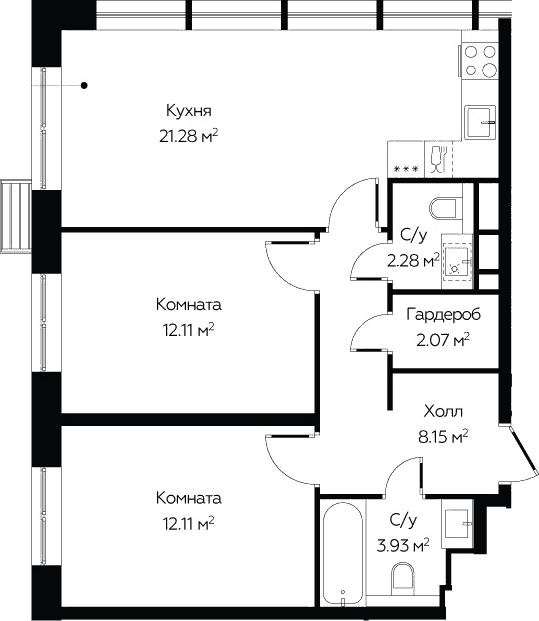 Планировка двухкомнатная 60.9 м² в ЖК «Октябрьская 98», корпус 1