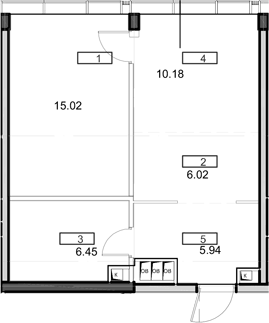 Планировка евродвушка (2Е) 43.61 м² в ЖК «Мод», корпус Драйзер (7)