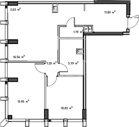 Планировка евротрёшка (3Е) 65.64 м² в ЖК «Мод», корпус Камю (5)
