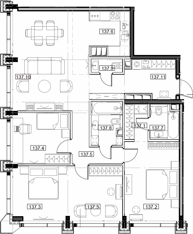 Планировка евро-4 (4Е) 110.6 м² в ЖК «Мод», корпус Манн (3)