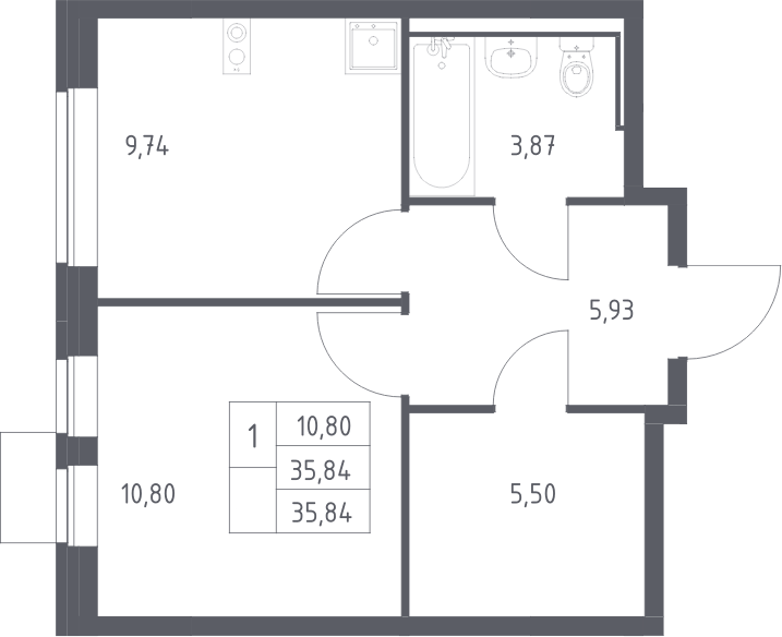 Планировка однокомнатная 35.84 м² в ЖК «Молжаниново», корпус 6