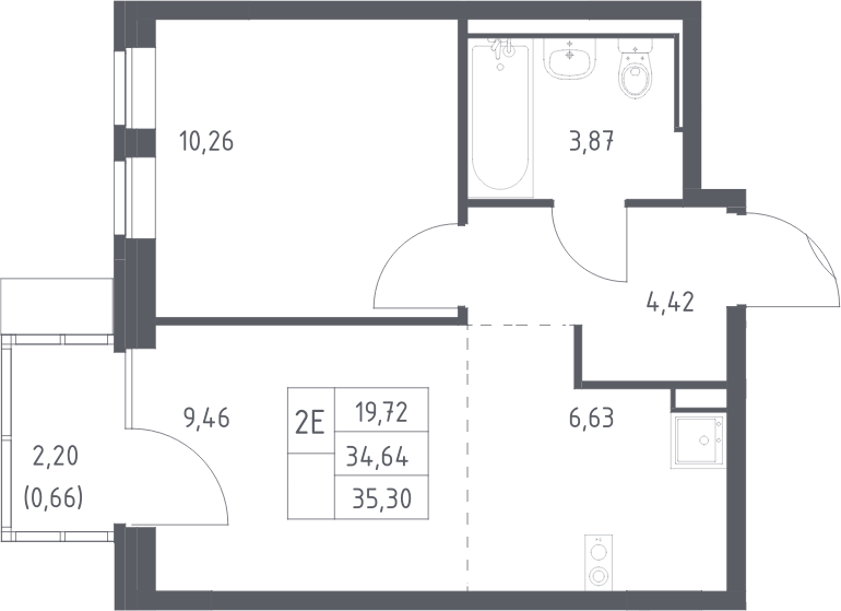 Планировка евродвушка (2Е) 35.3 м² в ЖК «Молжаниново», корпус 6