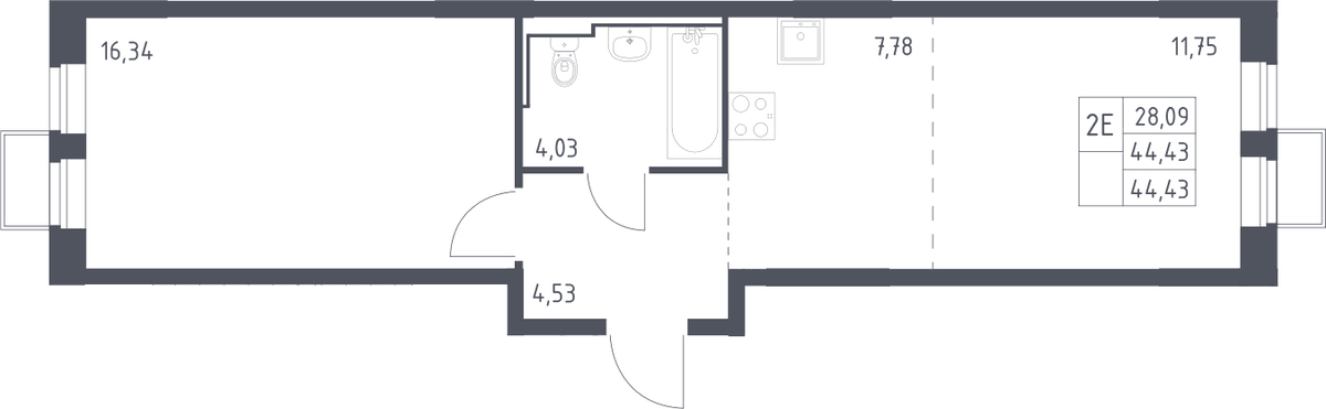 Планировка евродвушка (2Е) 44.43 м² в ЖК «Молжаниново», корпус 5