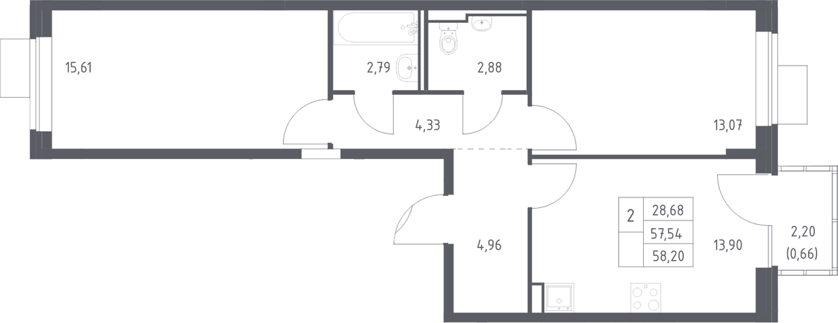 Планировка двухкомнатная 58.2 м² в ЖК «Молжаниново», корпус 6