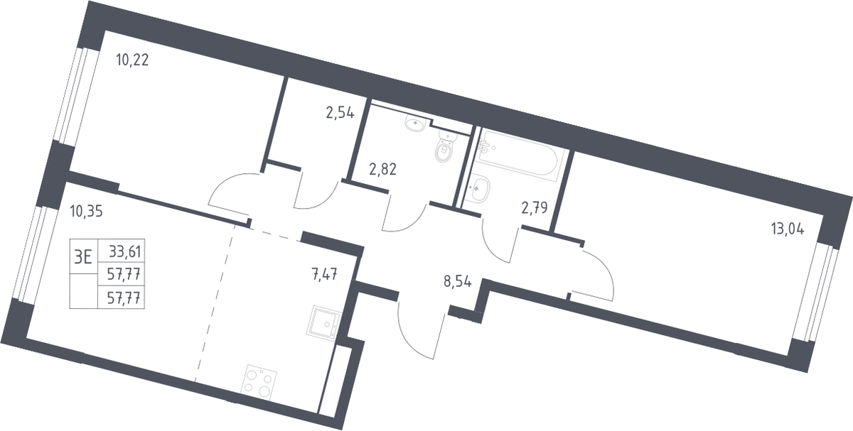Планировка евротрёшка (3Е) 57.77 м² в ЖК «Молжаниново», корпус 5