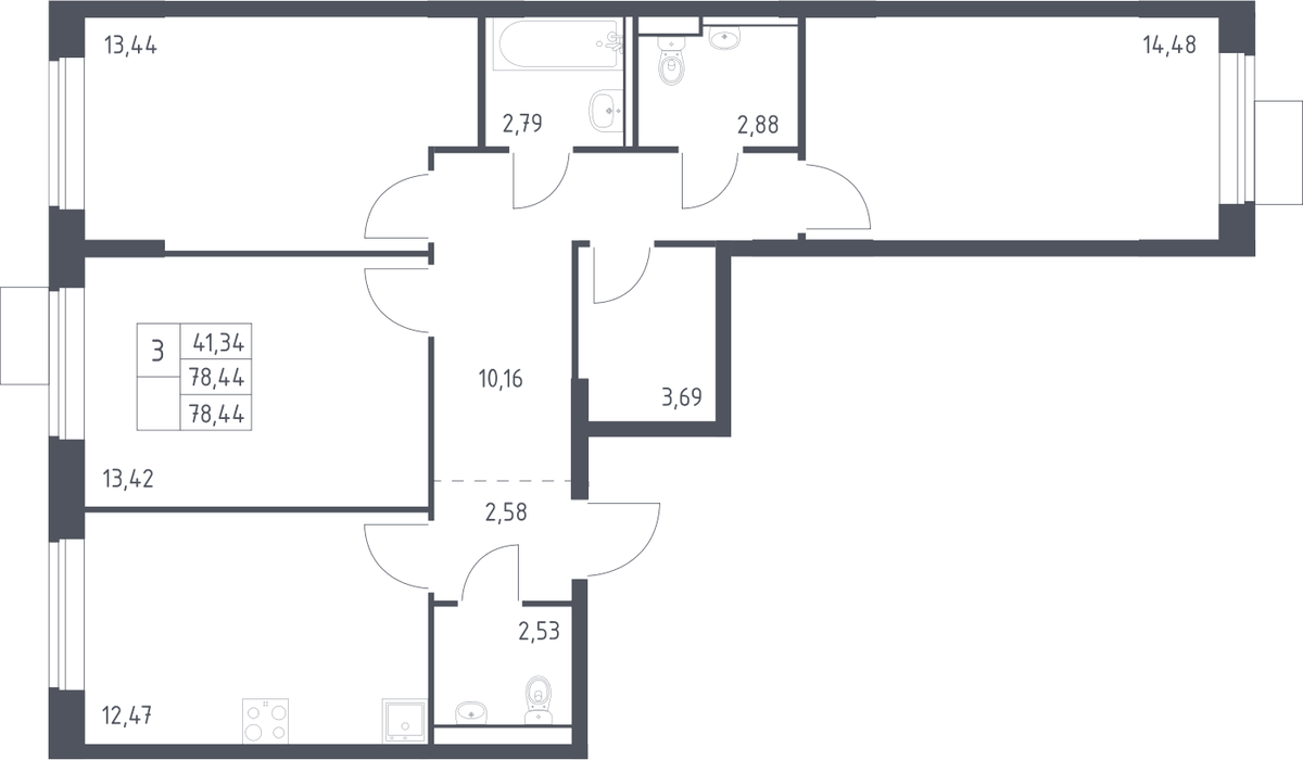 Планировка трёхкомнатная 78.44 м² в ЖК «Молжаниново», корпус 4