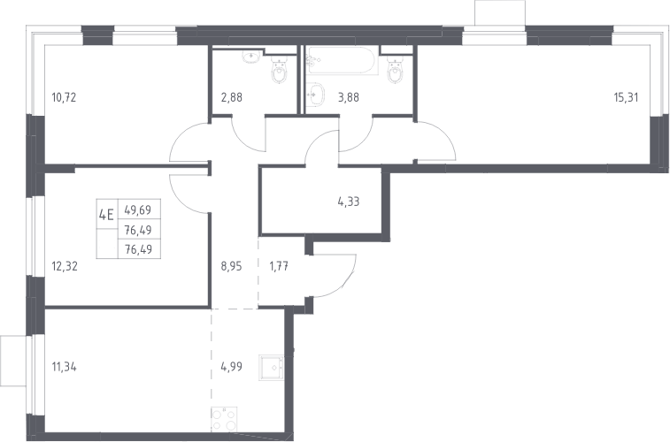 Планировка евро-4 (4Е) 76.49 м² в ЖК «Молжаниново», корпус 6