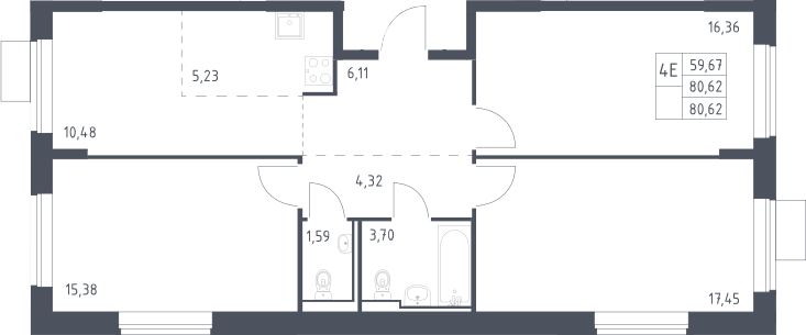 Планировка евро-4 (4Е) 80.62 м² в ЖК «Молжаниново», корпус 4
