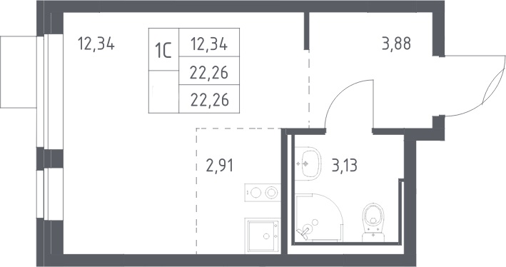 Планировка Студии 22.26 м² в ЖК «Молжаниново», корпус 6