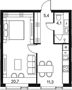 Планировка однокомнатная 41.5 м² в ЖК «Моментс», корпус 2.1