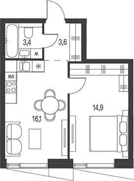 Планировка евродвушка (2Е) 38 м² в ЖК «Моментс», корпус 2.2