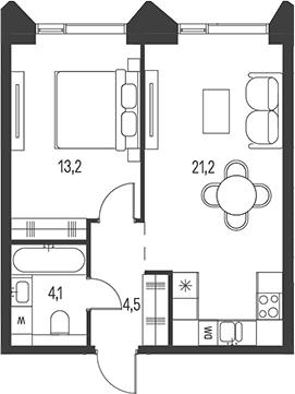Планировка евродвушка (2Е) 43 м² в ЖК «Моментс», корпус 2.2