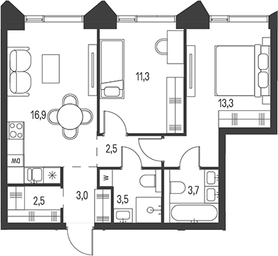 Планировка евротрёшка (3Е) 56.7 м² в ЖК «Моментс», корпус 2.2