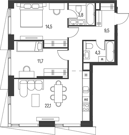 Планировка евротрёшка (3Е) 65.9 м² в ЖК «Моментс», корпус 2.2