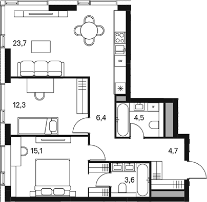 Планировка евротрёшка (3Е) 70.3 м² в ЖК «Моментс», корпус 2.1