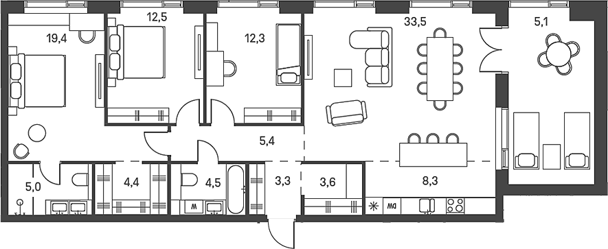 Планировка евро-4 (4Е) 117.3 м² в ЖК «Моментс», корпус 2.3