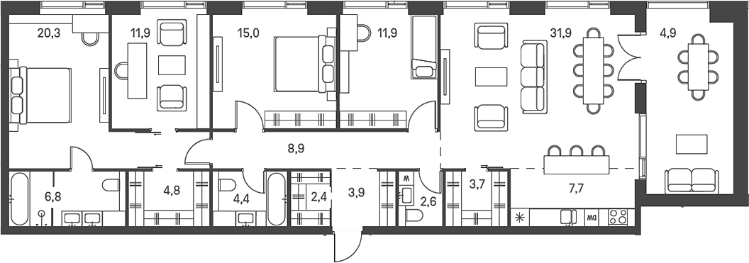 Планировка 5Е-к.кв 141.1 м² в ЖК «Моментс», корпус 2.3