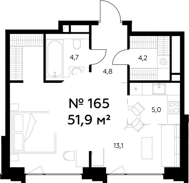 Планировка евродвушка (2Е) 51.9 м² в ЖК «Монблан», корпус 1