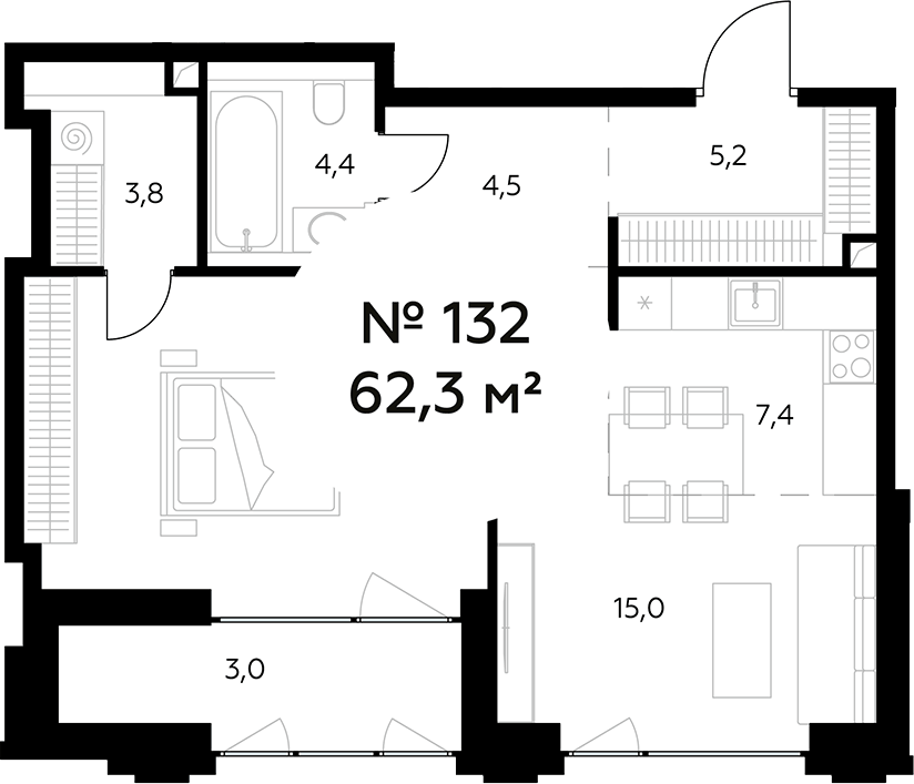 Планировка евродвушка (2Е) 62.3 м² в ЖК «Монблан», корпус 1