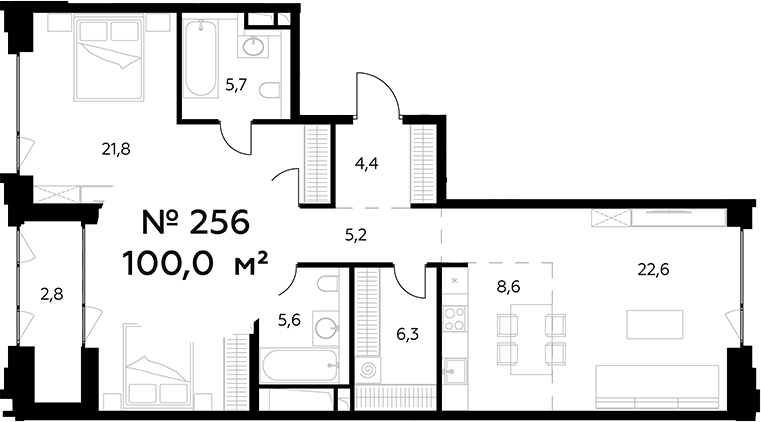 Планировка евротрёшка (3Е) 100 м² в ЖК «Монблан», корпус 1