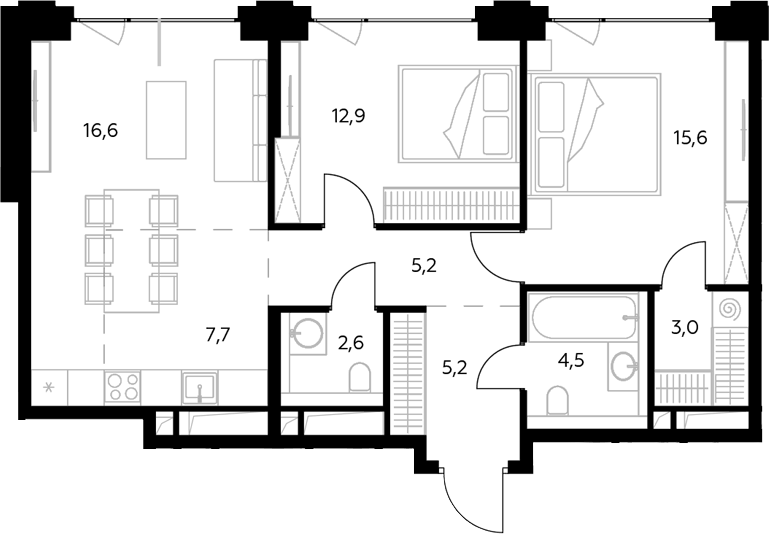 Планировка евротрёшка (3Е) 73.3 м² в ЖК «Монблан», корпус 1