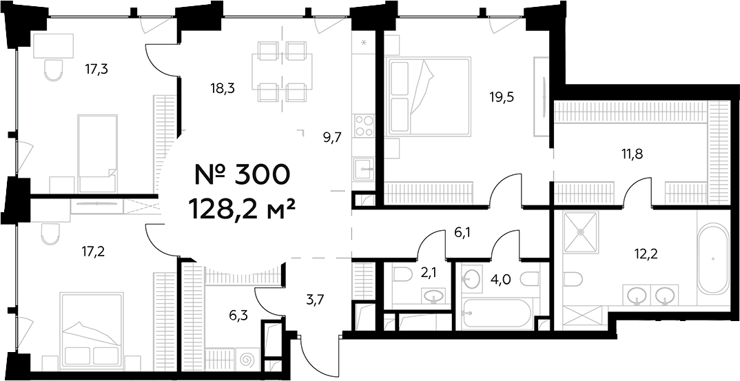Планировка евро-4 (4Е) 128.2 м² в ЖК «Монблан», корпус 1