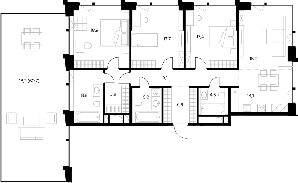 Планировка евро-4 (4Е) 145.1 м² в ЖК «Монблан», корпус 1