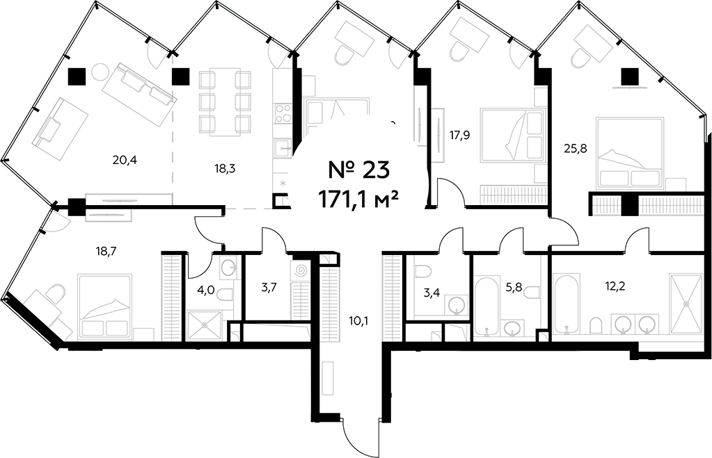 Планировка 5Е-к.кв 171.1 м² в ЖК «Монблан», корпус 1