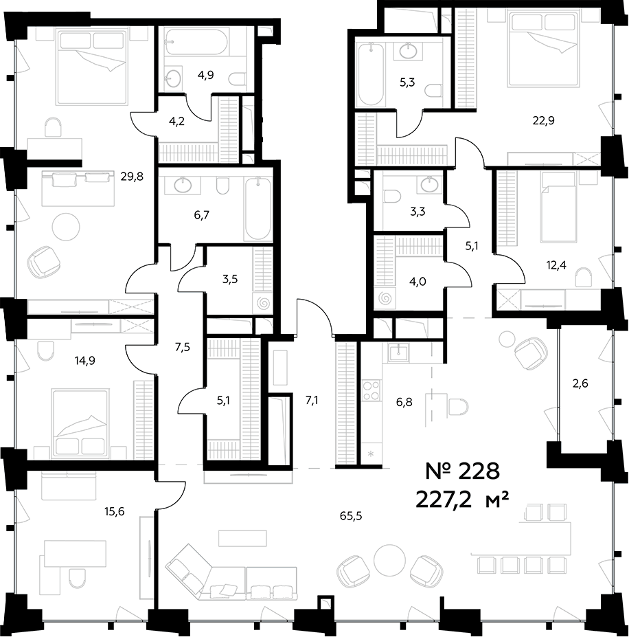 Планировка пятикомнатная 227.2 м² в ЖК «Монблан», корпус 1