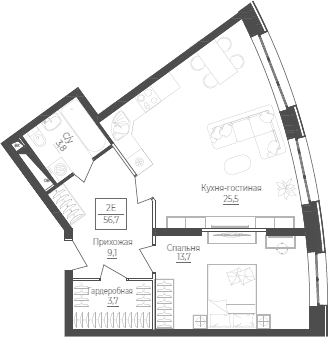 Планировка евродвушка (2Е) 56.7 м² в ЖК «Monodom Лейк», корпус 1