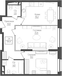 Планировка двухкомнатная 64.4 м² в ЖК «Monodom Лейк», корпус 1
