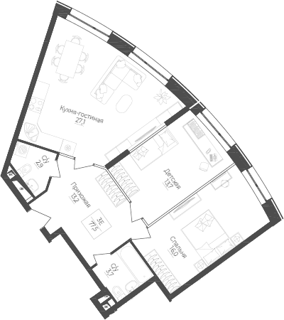 Планировка евротрёшка (3Е) 77.5 м² в ЖК «Monodom Лейк», корпус 1
