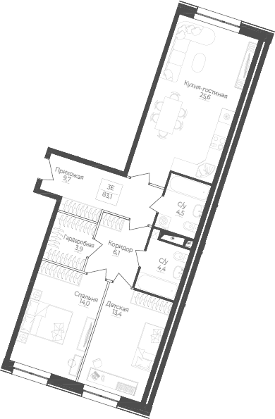 Планировка евротрёшка (3Е) 83.1 м² в ЖК «Monodom Лейк», корпус 1