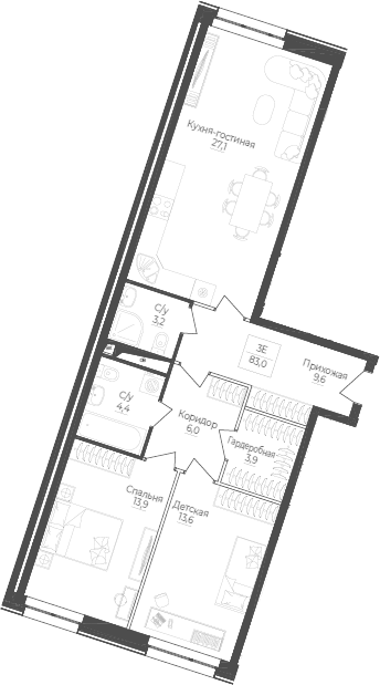 Планировка евротрёшка (3Е) 83 м² в ЖК «Monodom Лейк», корпус 1