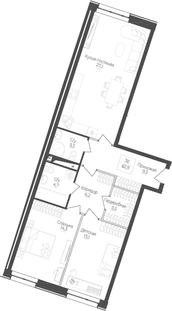 Планировка евротрёшка (3Е) 84 м² в ЖК «Monodom Лейк», корпус 1