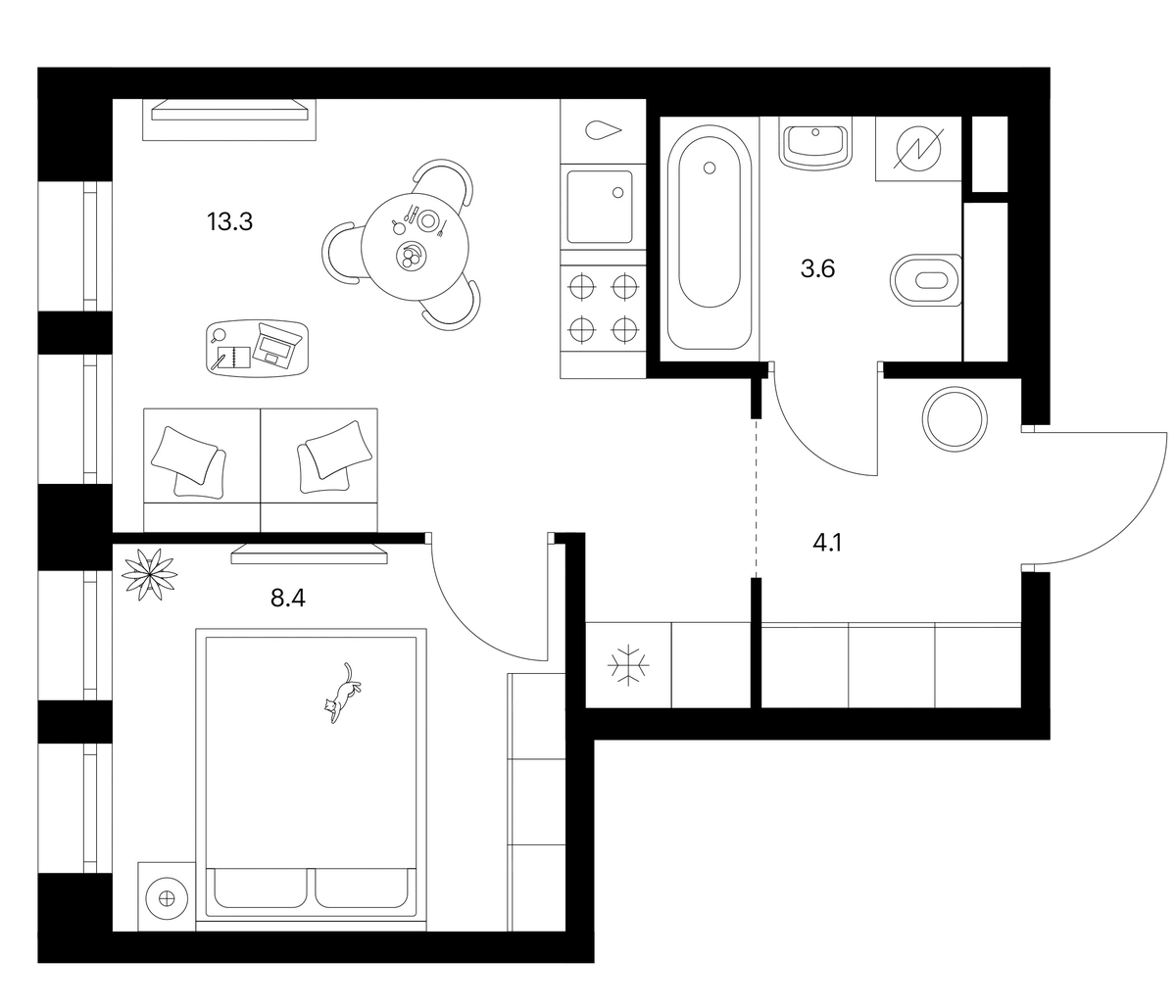 Планировка однокомнатная 29.4 м² в ЖК «Москворечье», корпус 2.3