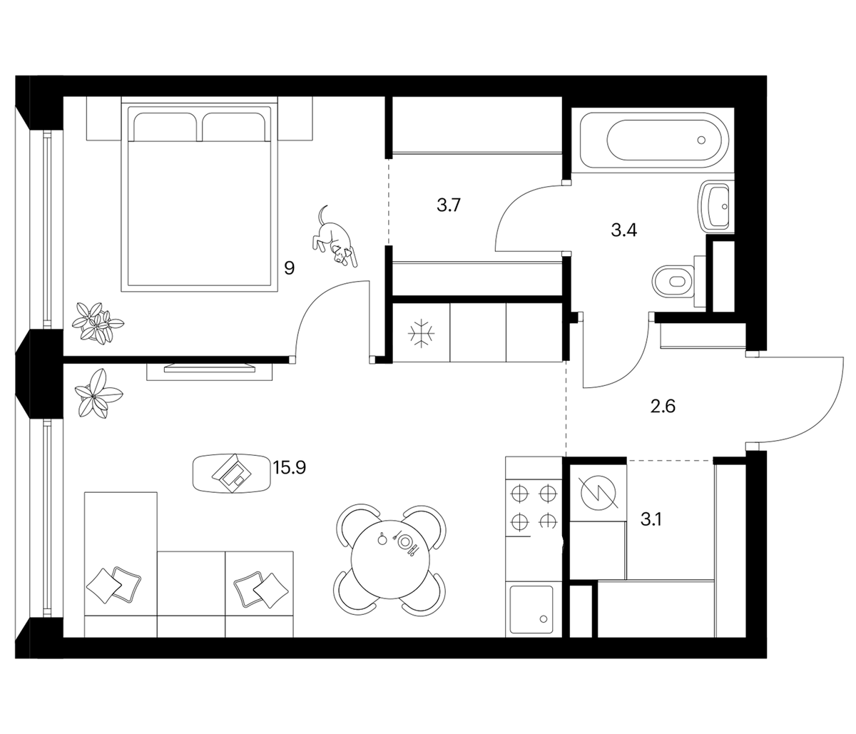 Планировка евродвушка (2Е) 37.7 м² в ЖК «Москворечье», корпус 1.3